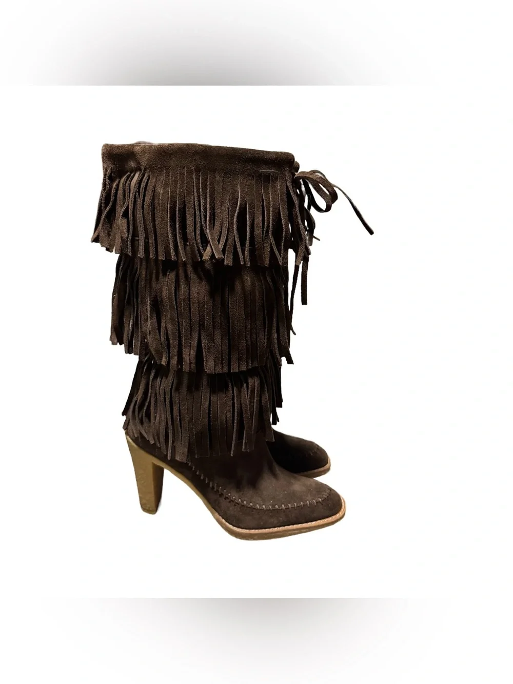 Michael Kors Suede Fringe Boot Women's 6.5 High Heel Chocolate Western Cowgirl - Picture 1 of 7